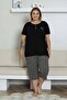 Embroidered Women's Pajamas Set - Black Plus Size Bermuda Short Sleeve Lycra Bamboo Viscose 2857Bb