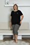 Embroidered Women's Pajamas Set - Black Plus Size Bermuda Short Sleeve Lycra Bamboo Viscose 2857Bb - 3