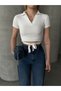 Women's White Polo Neck Short Sleeve Waist Tie Crop Blouse - 2