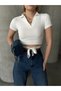 Women's White Polo Neck Short Sleeve Waist Tie Crop Blouse - 4