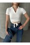 Women's White Polo Neck Short Sleeve Waist Tie Crop Blouse