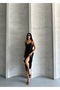 Women's Black Thin Strap Stone Detailed Midi Dress - 2
