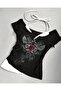 Black Gothic Red Love Collar Short Sleeve Full Body Crop with Additional Strap