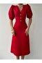 Women's V-Neck Balloon Sleeve Button Detailed Midi Length Dress - 3