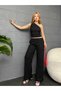 Asymmetric Neck One-Shoulder Cropped Top with Elastic Waist Fitted Pocketed Palazzo Pants Waffle Set