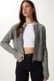 Women's Ecru Black Stand Collar Zippered Knitwear Cardigan Yy00249