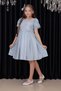 Girl's Square Collar Transparent Tulle Glitter Blue Evening Dress with Ruffled Shoulders and Bow Detail at the Waist