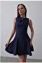 Navy Blue Dress with Lace-Up Bust and Flared Hem - 2