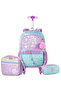 4-wheel Trolley 17" School Bag Set of 3 w/ Lunch Bag and Pencil Pouch - Love Purple