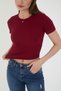 Women's Crew Neck Ribbed Short Sleeve Burgundy Body Crop Blouse - 7