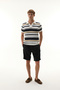 Men's Mustard Color Striped Polo Collar Short Sleeve Knit Sweater - 5