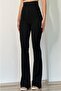 Black Extra High Waist Gathering Flared Leg Ribbed Stitched Fabric Trousers
