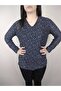 Women's Navy Blue White U Neck Long Sleeve Patterned Slit Woven Suede Mother Combed Cotton T-Shirt