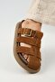 Brancato Women's Genuine Leather Buckle Banded Sabo Tan Slippers - 5