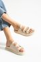 Beige Vegan Leather Three Buckle Gold Detailed Women's Slippers |   Stylish Summer Model with Orthopedic Soles - 4