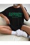 Oversize Fit Cotton Black Colored Happiness Printed Relaxed Fit T-Shirt Unisex - 2