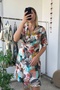 Double-breasted neckline waist pleated beige short sleeve button dress