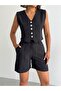 Women's Black Linen Vest Shorts Bottom Top Set