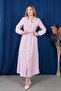 Women's Pink Striped Brode Detailed Long Sleeve Basic Shirt Dress with Elastic Sleeves - 5