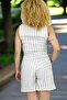 Striped Pattern Button Detail Masculine Vest Elastane Waist Shorts Flaming Linen Double Set - 8