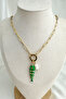Steel Pearl Detail Green Enamel Fish Bone Necklace (46cm) - 2