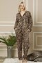 Leopard Print Long Sleeve Women's Satin Pajama Set with Stone Print - 2
