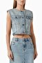 Cropped Denim Women's Vest, Adjustable Belt and Button Design
