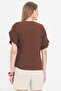 Women's Coffee V Neck Ruffled Short Sleeve Blouse Arm-25Y001070 - 5