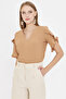 Women's Mink V-Neck Ruffled Short Sleeve Blouse Arm-25Y001070 - 2