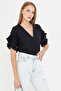 Women's Black V Neck Ruffled Short Sleeve Blouse Arm-25Y001031 - 2