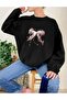 Shiny Pink Ribbon Printed Crew Neck Black Sweatshirt