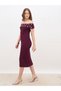 Women Burgundy Embellished Off-Shoulder Sheath Midi Dress - 3