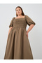 Plus Size Puff Sleeve Smocked Detail A-Line Midi Dress - 3