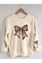 Brown Ribbon Printed Body and Sleeve Crew Neck Beige Sweatshirt