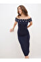 Women Navy Blue Embellished Off-Shoulder Sheath Midi Dress - 6