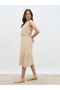 Women Beige Schiffli Sleeveless A-Line Midi Dress - 3