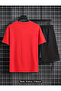 Zippered Bear Printed Red Black Unisex Summer T-Shirt and Shorts Set - 2