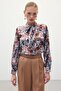 Patterned Scarf Collar Shirt - Brown - 3