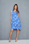 Women's Blue Turban Patterned Circle Neck Skirt Ruffle Wrap Dress - 2