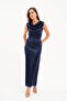 Women's Navy Blue Degaje Collar Midi Satin Dress - 4