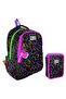 Heart Printed Black Pink Girl's School Bag and Organizer Pen Holder Set 23670+11145