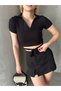 Women's Black Polo Neck Short Sleeve Waist Tie Crop Blouse - 3
