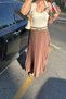 Women's Brown Elastic Waist Plain Pleated Maxi Length Skirt - 6