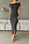 Dark Gray Scuba Fabric Collar Detailed Long Dress
