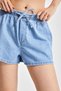 Women's Blue Color 1S5-4 Mini Size Loose Cut Elastic Waist 100% Cotton Denim Shorts - 3