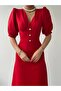 Women's V-Neck Balloon Sleeve Button Detailed Midi Length Dress - 2