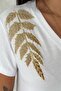 Women's White 100% Cotton T-Shirt V-Neck Shoulder Leaf Sequins and Embroidery Embroidered - 5