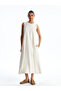 Trendlucky Oval Collar Plain Linen Blend Dress with Difference - 3
