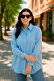 Women's Oversize Loose Cut Linen Shirt - Baby Blue - 3