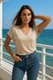 Women's Beige Viscose V-Neck T-Shirt Short Sleeve Relaxed Cut Blouse - 2